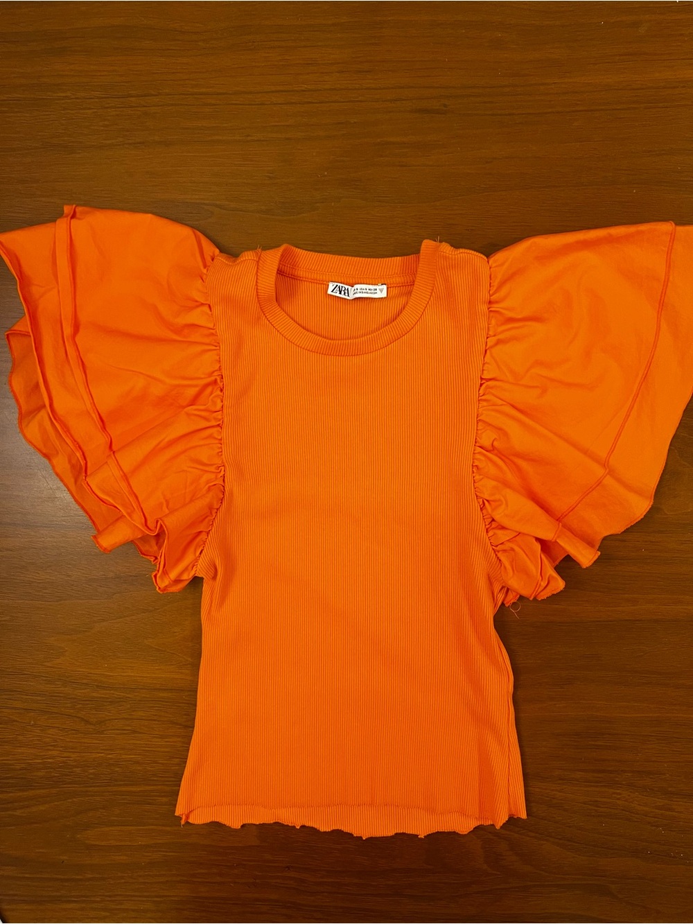 Zara Vibrant Orange Ribbed Ruffle Sleeve  - Size S